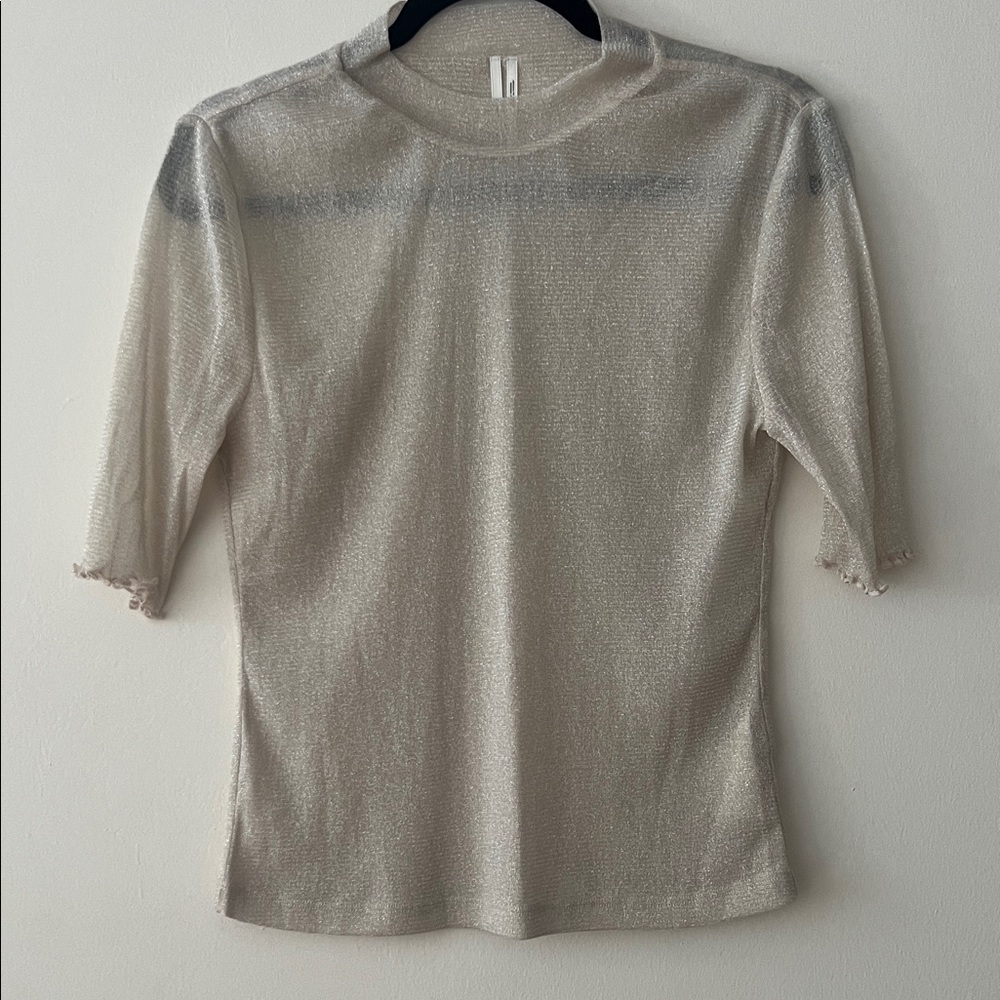 Anthropologie Silver Sheer Mid-Sleeve Top